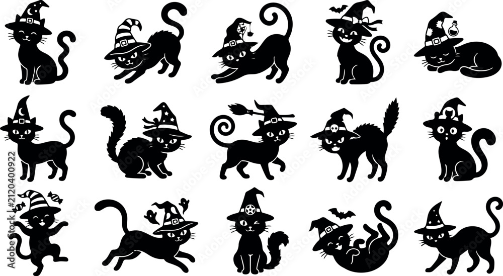 Obraz premium Halloween black cat bundle icon set collection featuring various cute feline silhouettes wearing witch hats for festive holiday designs