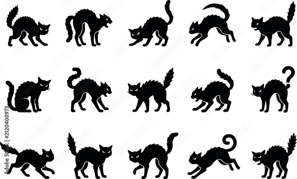 Fototapeta premium Halloween black cat bundle icon set collection featuring various silhouettes of spooky feline characters in different aggressive poses