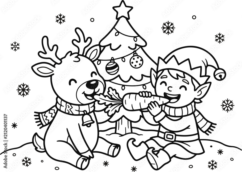 Fototapeta premium Cute christmas coloring page featuring a happy elf and a friendly reindeer eating a carrot by the tree