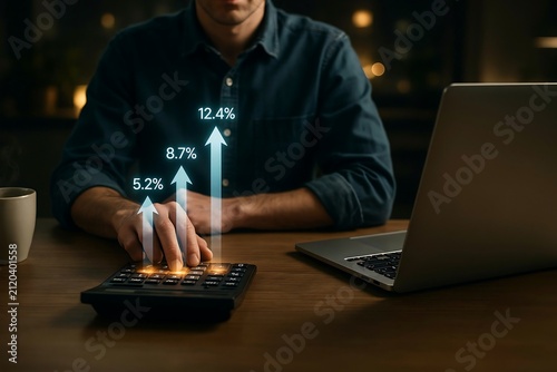 Financial analyst using calculator with holographic growth arrows showing increasing profit margins