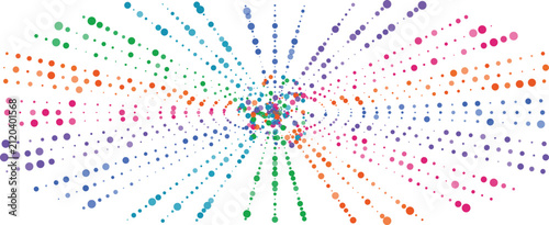 Colorful dots radiating from a central point creating an abstract explosion pattern against white background