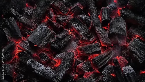 Cinematic close-up of glowing hot coals with red embers and smoke. Flames flicker between burning charcoal. Dramatic fire background for bbq, grill, and energy , loop.