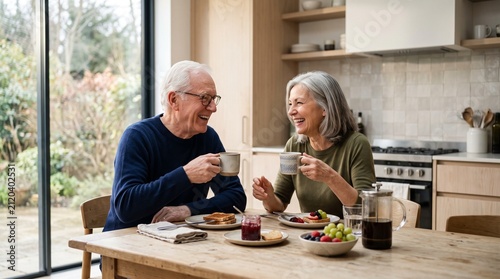 Smiling senior couple sharing breakfast and coffee in a bright modern kitchen, enjoying quality time together and celebrating a happy, healthy retirement lifestyle.