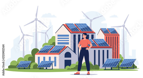 Environmentally friendly woman standing proudly in front of modern houses equipped with solar panels and wind turbines.