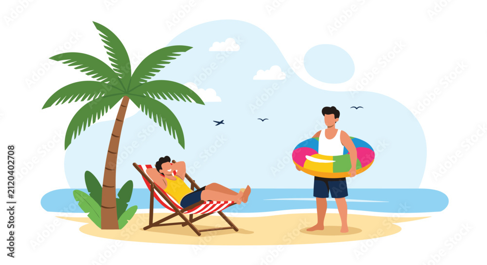 Fototapeta premium Two young male friends enjoying their relaxing summer vacation on a tropical sandy beach with palm tree and swim ring.