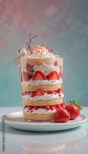 Delicious layered dessert featuring fresh strawberries, whipped cream, and colorful sprinkles, beautifully presented in clear glass. This sweet treat evokes joy and celebration