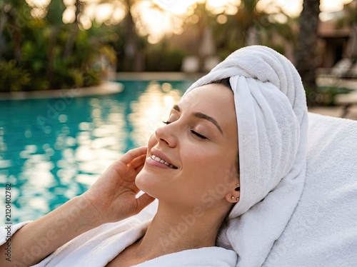 Young woman wrapped in a white bath towel relaxing by the luxury swimming pool during a sunny summer vacation