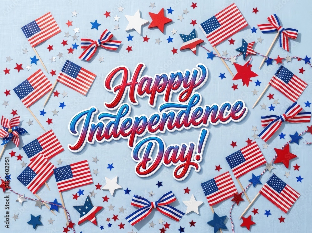 Obraz premium Happy independence day celebration background with american flags and festive stars independence celebration