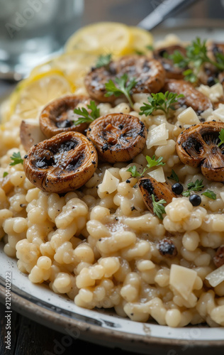 Creamy pasta dish featuring pearl couscous, topped with grilled mushrooms and fresh herbs, garnished with lemon slices for refreshing touch. delightful blend of flavors and textures