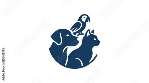 Circular pet logo featuring dog cat and bird.