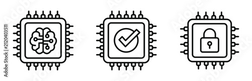 Set of computer chip icons with brain, check mark, and padlock symbols, representing artificial intelligence, verified technology, and hardware security