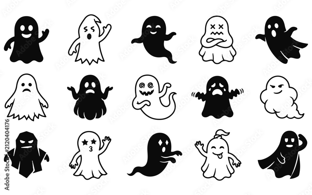 Fototapeta premium A comprehensive halloween vector bundle featuring a collection of cute and spooky ghost illustrations for festive holiday graphic design projects