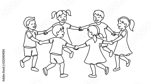 Diverse group of happy children holding hands in a circle dancing and playing together outdoors