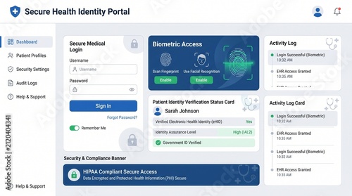 Secure Health Identity Portal Dashboard with Biometric Access and Activity Logs.