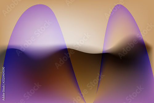 An abstract digital design depicting dark fluid waves and sharp purple arches blended seamlessly over a warm tan and black gradient background.