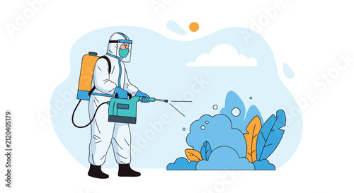 Professional worker in protective hazmat suit spraying disinfectant or pesticide on bushes in the garden.