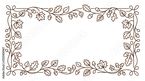 Autumnal Decorative Border with Oak Leaves and Acorns in a Simple Line Art Style