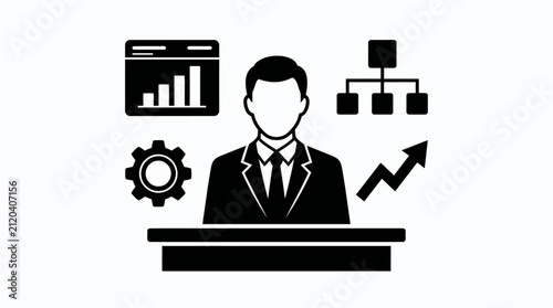 Manager sitting at a desk analyzes business data and organizational charts daily.