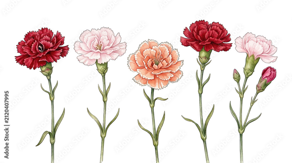 Fototapeta premium Watercolor carnation collection isolated on transparent background floral design elements for invitations and crafts