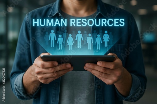 Person holding a digital tablet displaying a glowing human resources management hologram interface