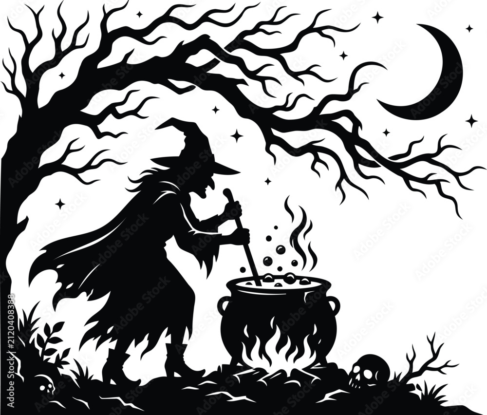 Naklejka premium Black and white witch stirring bubbling cauldron with magic potion, halloween fantasy