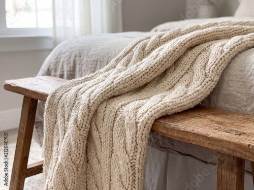 Chunky cream cable knit throw draped over rustic wooden bench at foot of bed