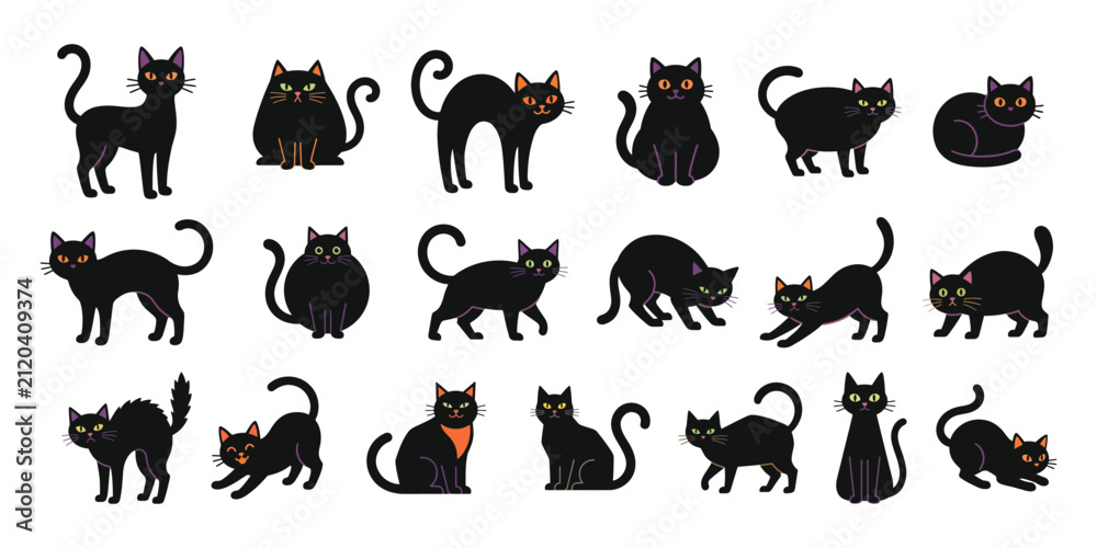 Obraz premium Collection of various black cat silhouettes in different poses for halloween design and creative art projects