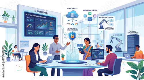Business Team Collaborating in Modern Office with Laptops Digital Screens and Virtual Communication Technology During a Professional Meeting
