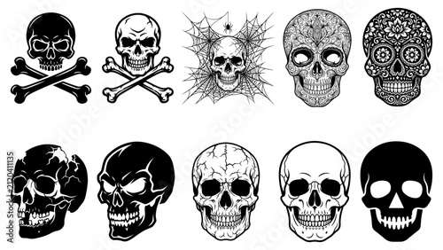 Foto Skull and Crossbones Vector Set with Human Skeleton Heads Bone Elements Pirate S