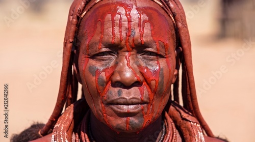 Retrato anciana himba con ocre rojo goteando rostro