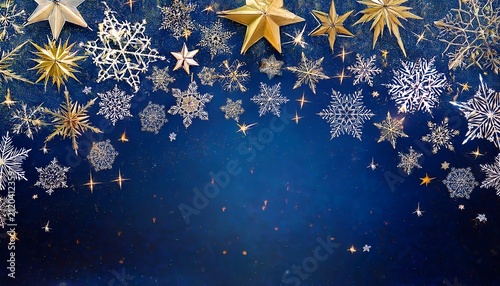 Shimmering Golden Stars And Intricate White Snowflakes Fall Gracefully Against A Deep Midnight Blue Gradient Background For Winter Celebrations Magic Backdrop Night