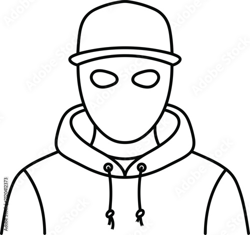 Bild auf Leinwand Anonymous criminal character wearing balaclava mask and hoodie jacket line icon