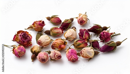 Assortment Of Dried Rose Buds On White Background