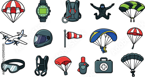 Skydiving and Parachuting Vector Icon Set Featuring Extreme Sports Equipment, Skydiver Character, Paraglider, Helmet, Altimeter Watch, Windsock, and Airplane Designs