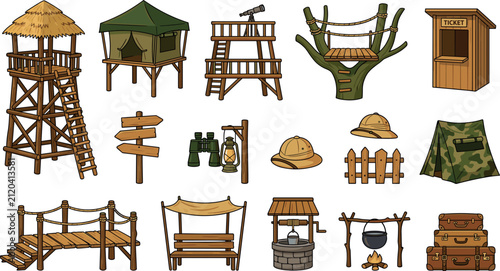 Safari Camp and Jungle Adventure Vector Icon Set Featuring Watchtowers, Camping Tents, Wooden Bridges, Pith Helmets, Binoculars, and Outdoor Survival Equipment
