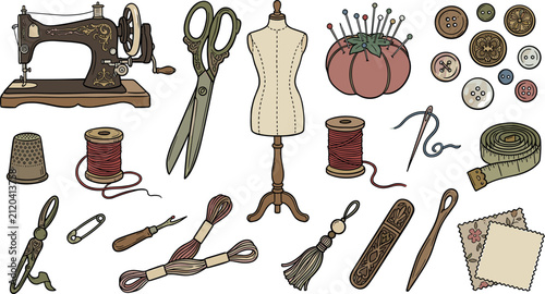 Vintage Sewing and Dressmaking Vector Icon Set Featuring Classic Sewing Machine, Mannequin, Scissors, Pincushion, Threads, Buttons, and Tailoring Equipment Designs
