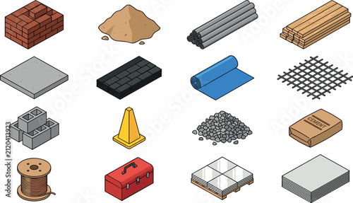 Isometric Construction Materials and Building Supplies Vector Icon Set Featuring Bricks, Sand, Steel Rebar, Lumber Wood, Concrete Blocks, and Toolbox Designs