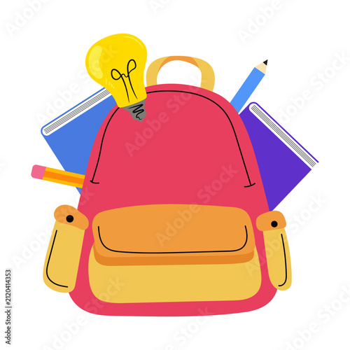 Cute Pink School Bag with Books and Idea Lightbulb Vector