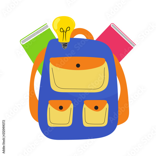 Blue School Backpack with Pockets and Books Vector