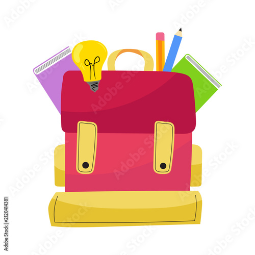 Pink School Backpack with Books and Lightbulb Vector