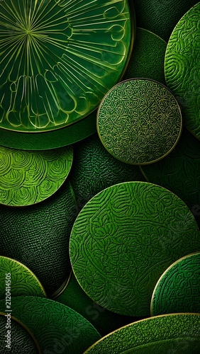 Green Abstract Circular Texture Background with Ornamental Pattern and Decorative Layered Discs for Mobile Wallpaper, Digital Backdrop, Modern Design