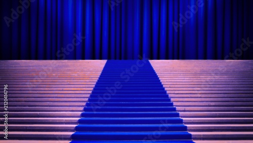 Obraz na płótnie Blue carpet staircase leading to an elegant stage with deep blue curtains