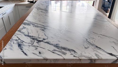 Close Up Of A Bright White Marble Countertop Indoors With Reflective Surface
