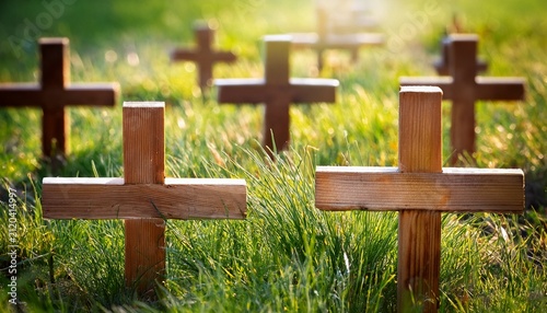 Wooden Crosses Surrounded By Green Grass In Soft Natural Light