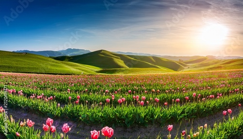 Green Hills Stretch Far Into The Horizon As Vibrant Tulips Sway Gently In The Spring Breeze Sun Blooming