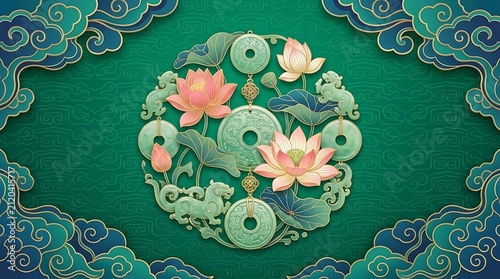 Traditional Chinese paper cut art with lotus and clouds.