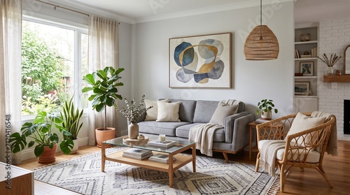 Modern cozy living room interior with a grey sofa wooden furniture and many green indoor plants near a large window filled with warm natural sunlight for a bright home atmosphere