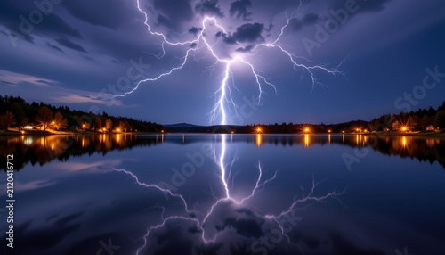 A dramatic nighttime scene where a powerful thunderstorm illuminates the sky with bright, jagged lightning bolts