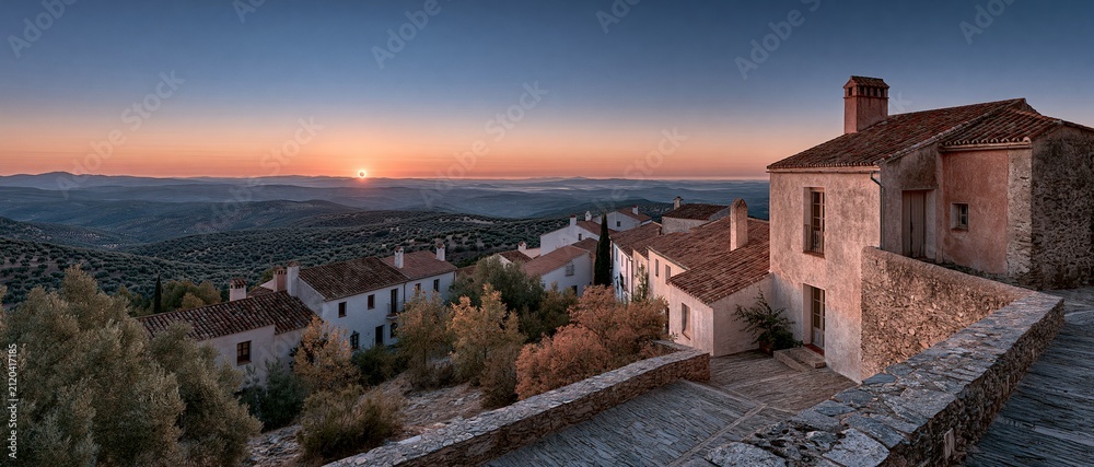 Obraz premium An epic wide-angle panoramic landscape photograph of a traditional Mediterranean hillside village featuring whitewashed houses with terracotta tiled roofs and stone walls,