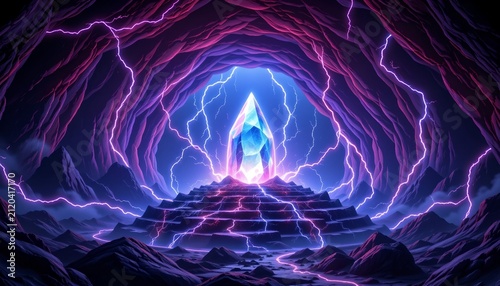 A fantastical scene within a cave like environment. A central figure resembles an ethereal crystal or gemstone with a large, intricately faceted body and multiple smaller facets